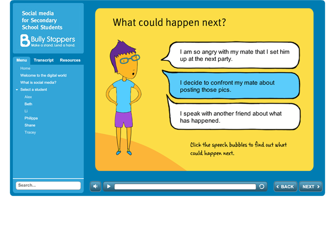 Bully Stoppers - Social Media for Secondary School Students - Branching options